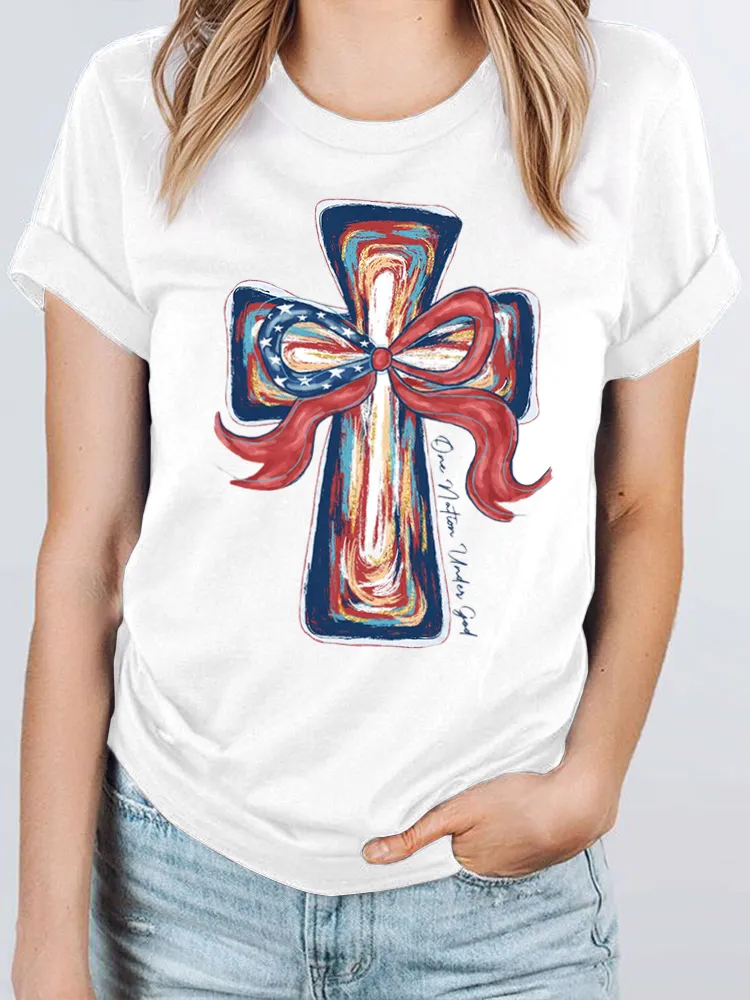 One Nation Under God Print Round-Neck Short-Sleeved T-Shirt