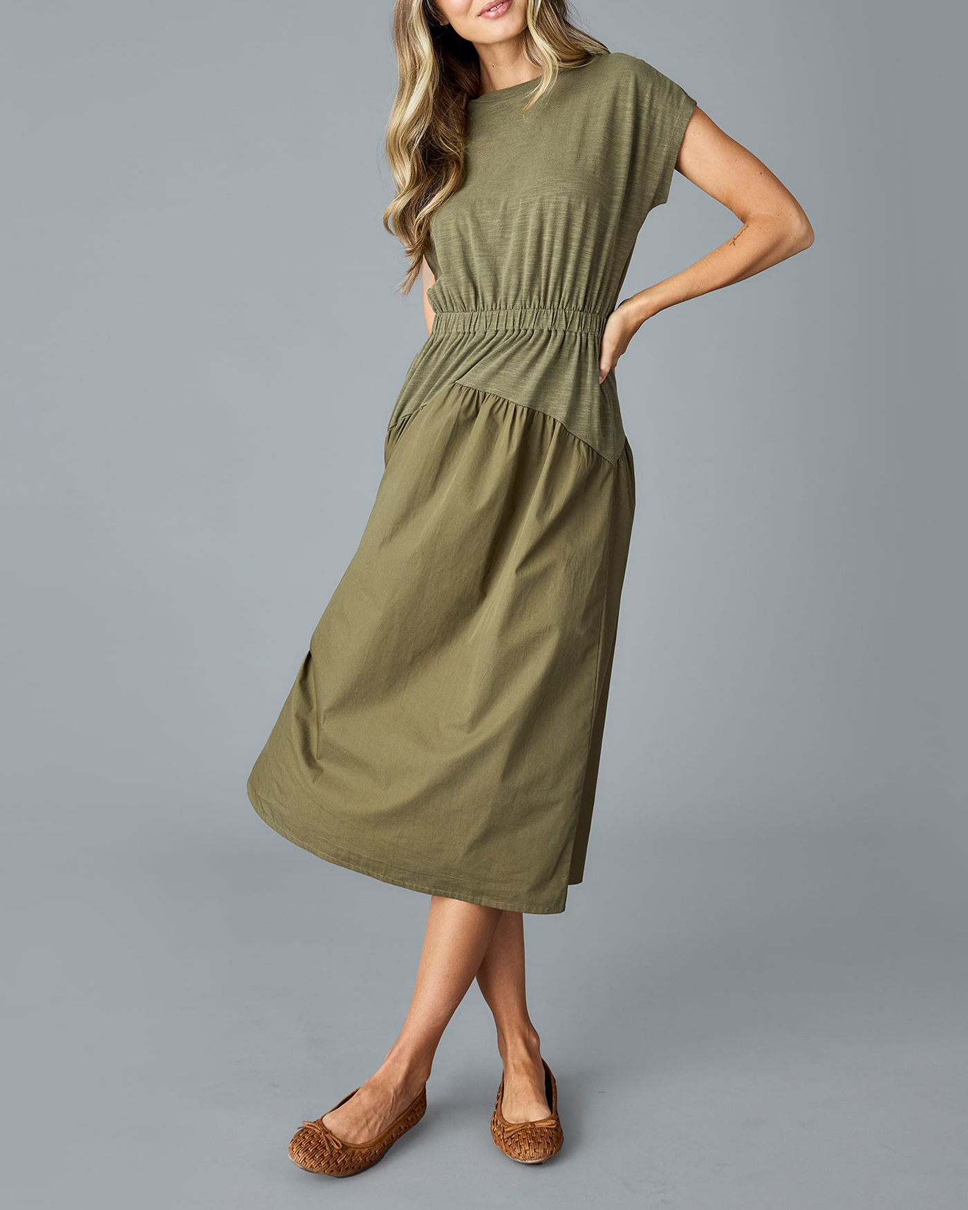 Olive Green Ruched Waist Dress