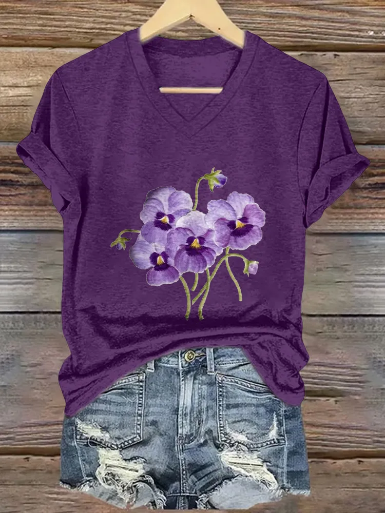 Women'S Floral Print Alzheimer'S Awareness V-Neck Short-Sleeved T-Shirt