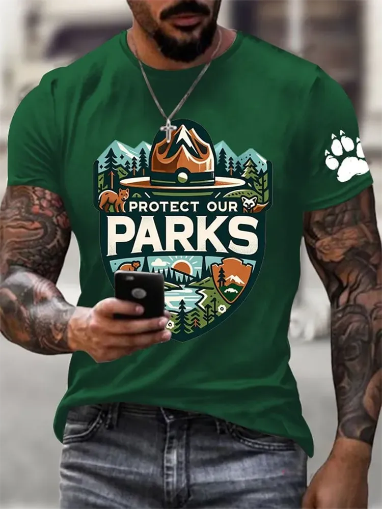Men'S Protect Our National Parks Printed Round Neck T-Shirt