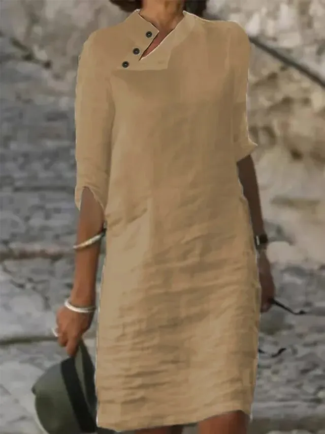 Women‘s Cotton Linen Dress Shirt Dress Casual Dress Shift Dress Midi Dress Cotton Blend Fashion Basic Outdoor Daily Vacation Stand Collar Button Half Sleeve Summer Spring 2023 Black White Blue Plain