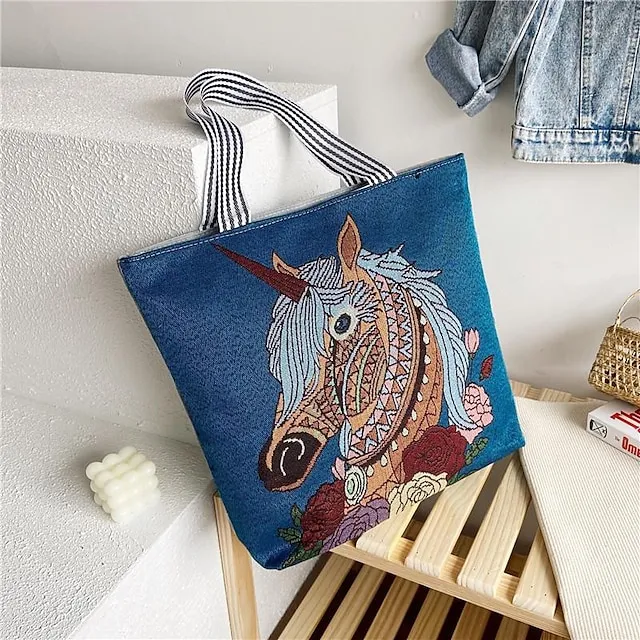 Women's Tote Shoulder Bag Canvas Tote Bag Oxford Cloth Shopping Daily Zipper Print Large Capacity Lightweight Durable Cat Flower Folk Butterfly Unicorn Black cat
