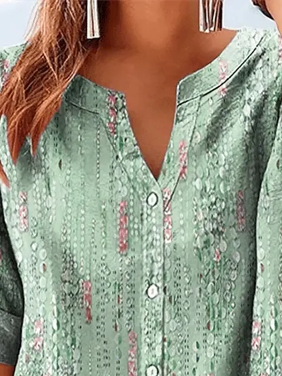 Women's Retro Botanical Floral Button Design V-Neck Three-Quarter Sleeve Shirt