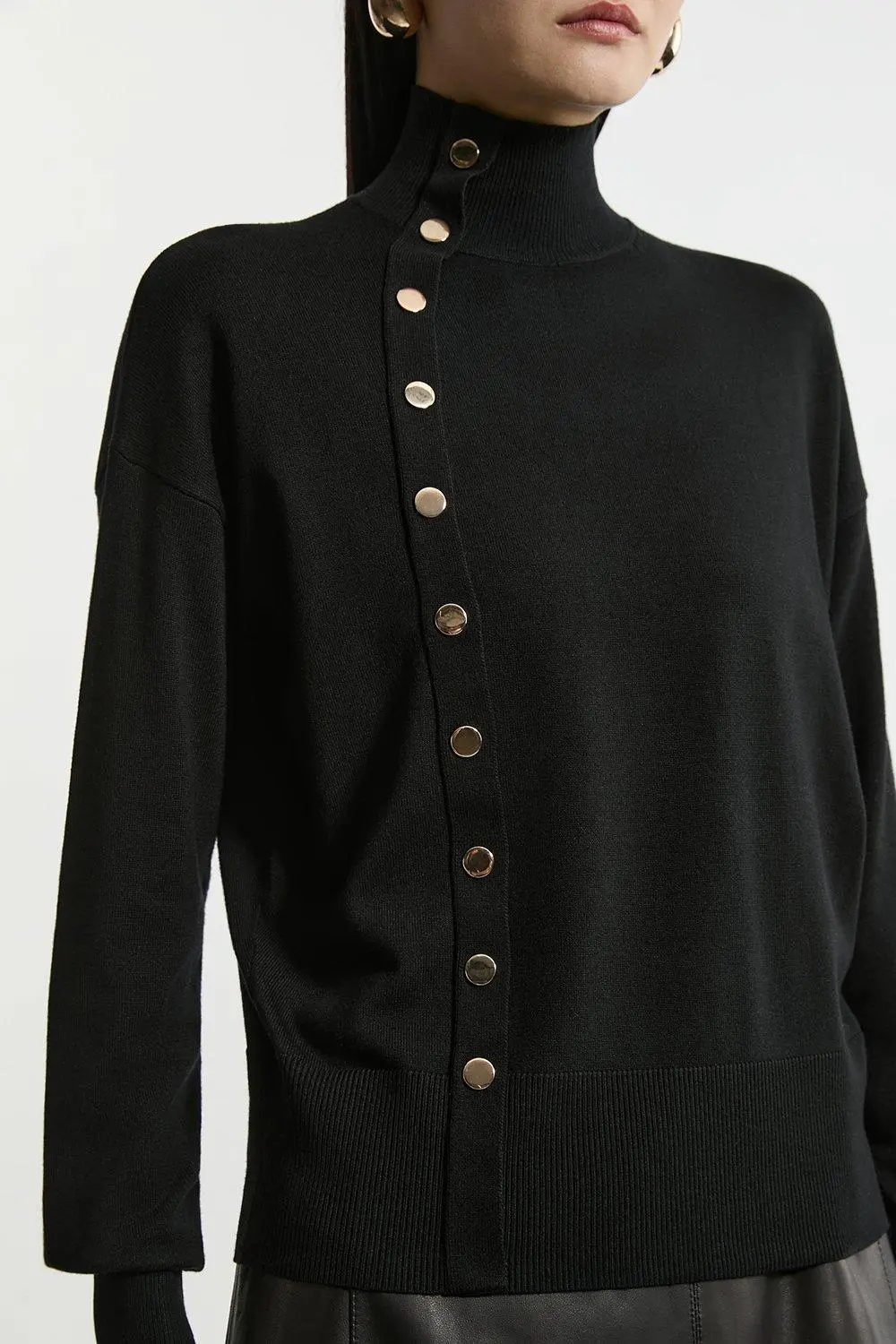 Viscose Blend Popper Detail Knit Jumper