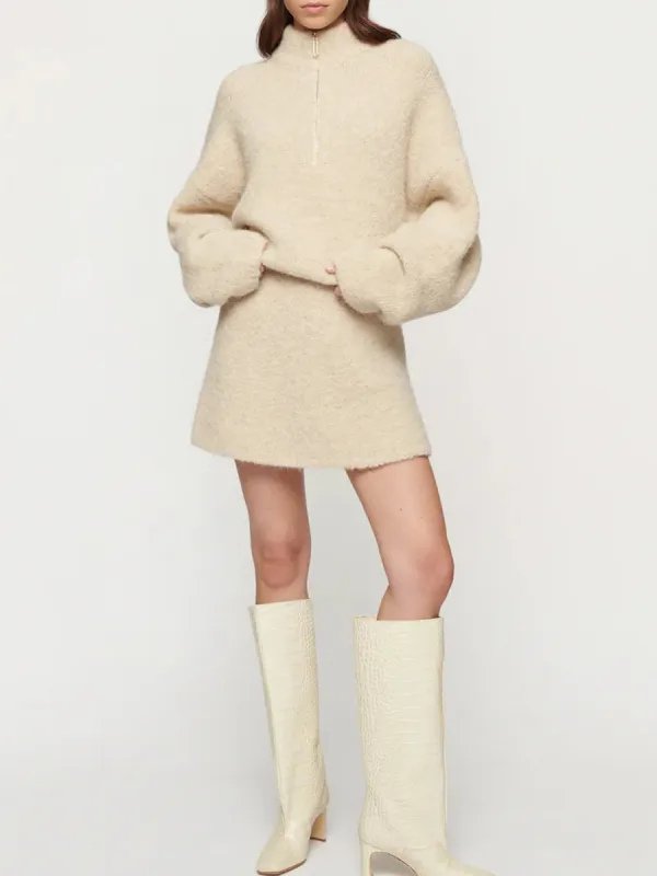 Beige Fuzzy Half Zip Jacket