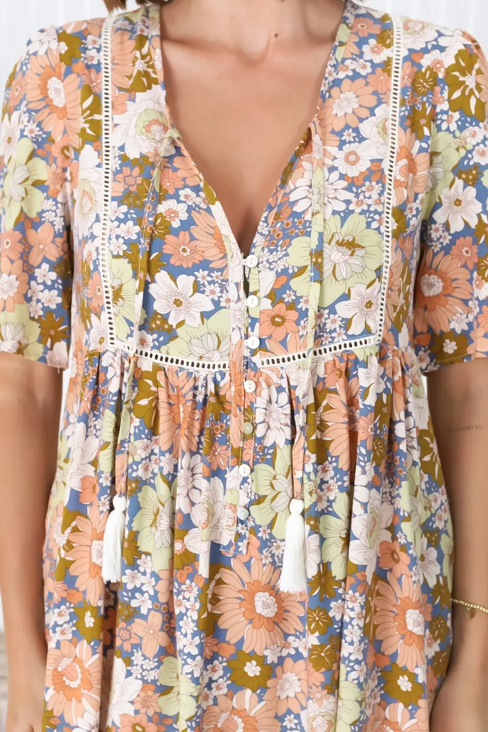Colorful Floral Print V Neck Short Sleeve Dress