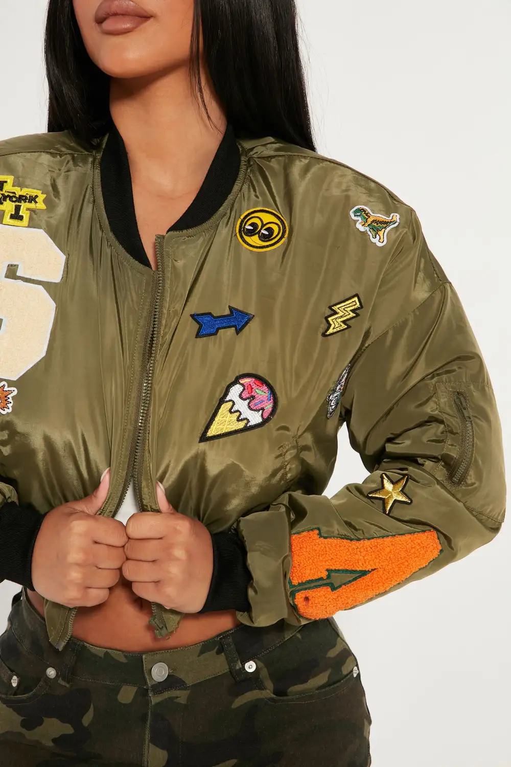 No Chill Cropped Bomber Jacket - Olive