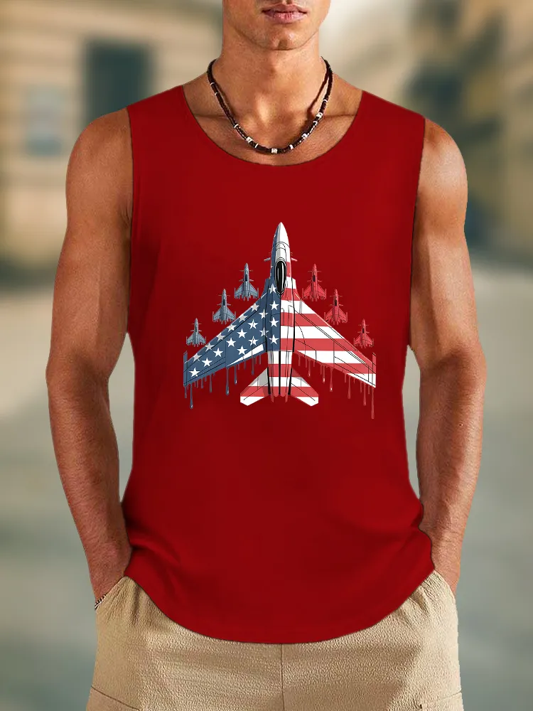 Men'S Stars And Stripes Airplane Print Round-Necked Sleeveless Vest