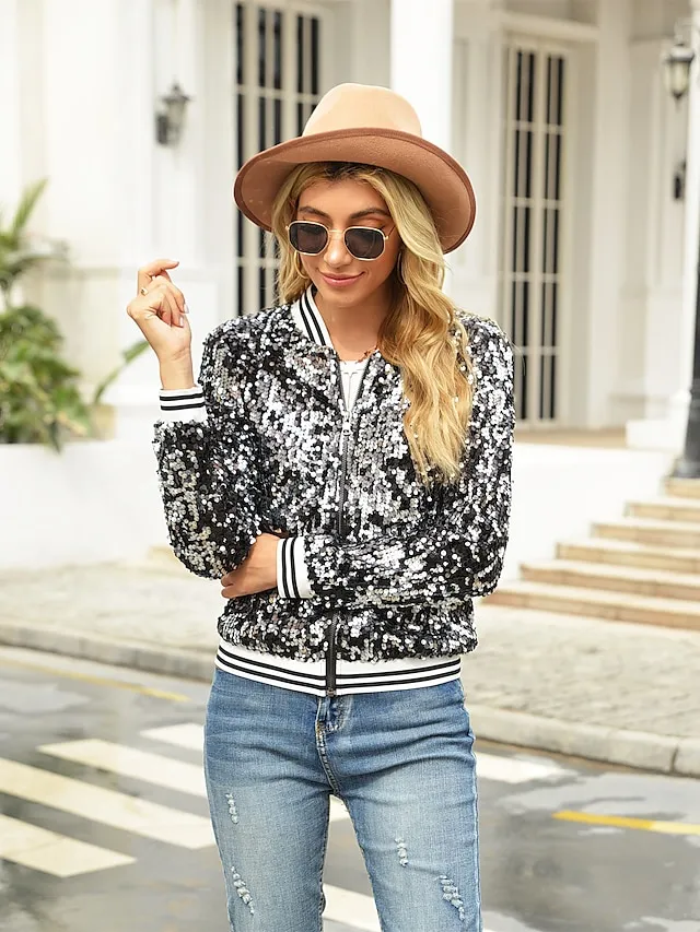 Women's Bomber Jacket Sparkly Sequins Varsity Jacket Wedding Party Daily Spring Fall Coat Regular Fit Windproof Warm Active Elegant Casual Jacket Long Sleeve Solid Color Sequins Black Blue Gold