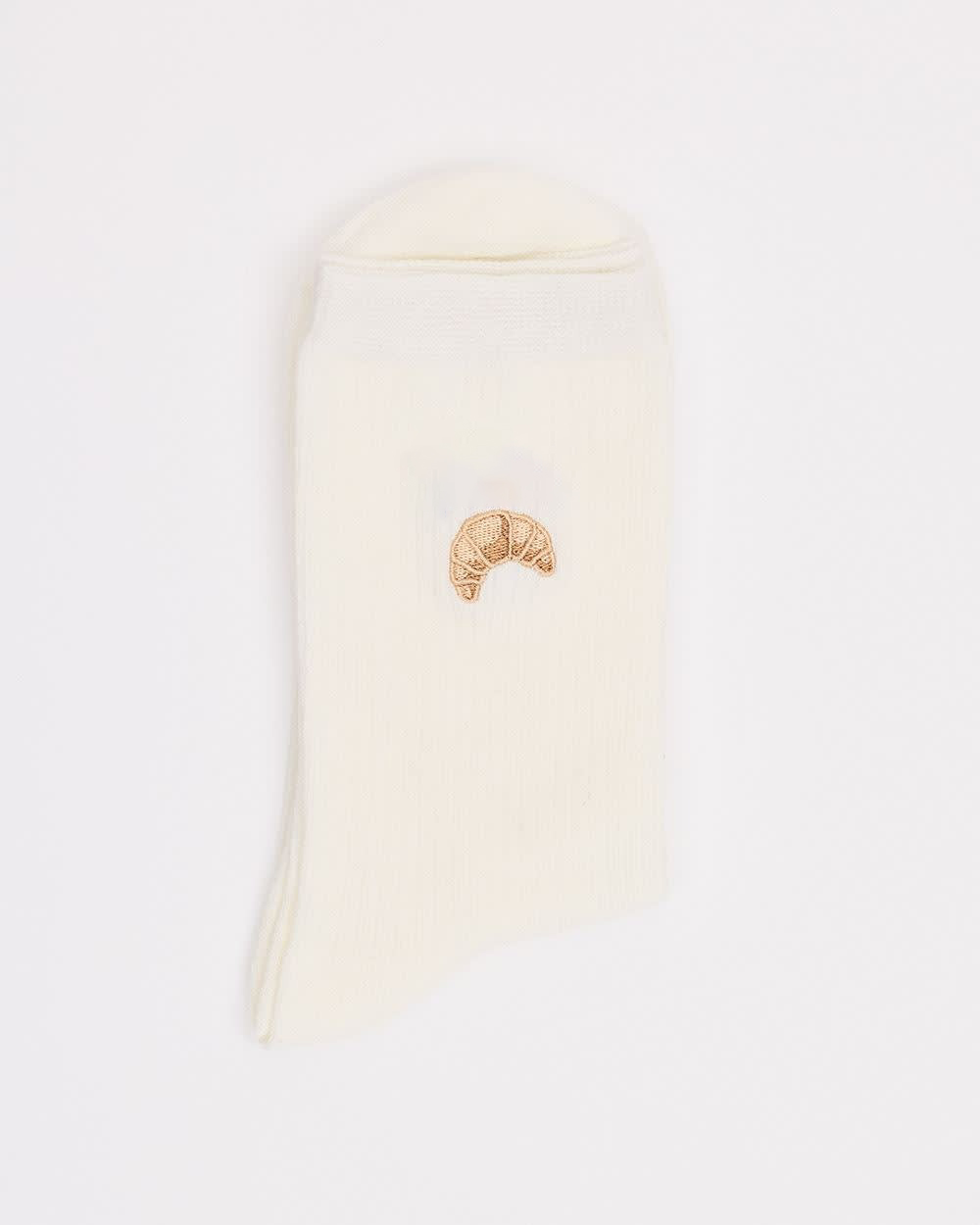 Ribbed Crew Socks With Croissant Embroidery