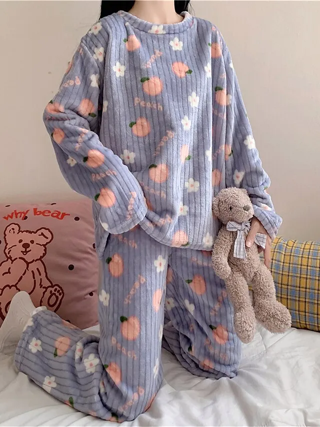 Women's Fleece Loungewear Sets Fluffy Pajama Fuzzy 2 Pieces Bear Peach Fashion Casual Comfort Street Daily Date Polyester Warm Crew Neck Long Sleeve Pant Fall Winter Lotus Pink Black