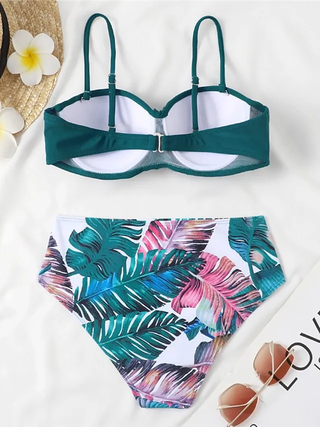 Women's Swimwear Bikini 2 Piece Normal Swimsuit 2 Piece Open Back Sexy Printing High Waisted Floral Leaves Black Yellow Navy Blue Royal Blue Blue Strap Bathing Suits Sexy Vacation Fashion