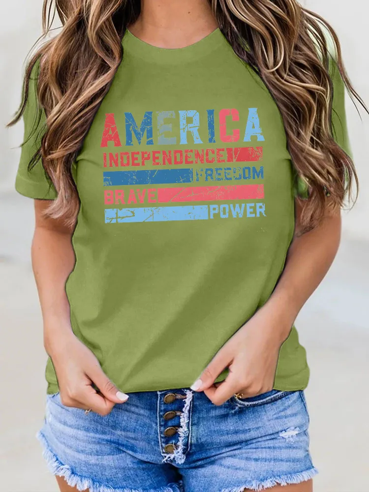 Woman'S America Independence Freedom Brave Power Round-Neck Short-Sleeved T-Shirt