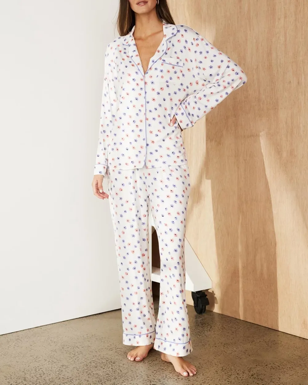 Long Sleeve Button-up Shirt Pajama Set