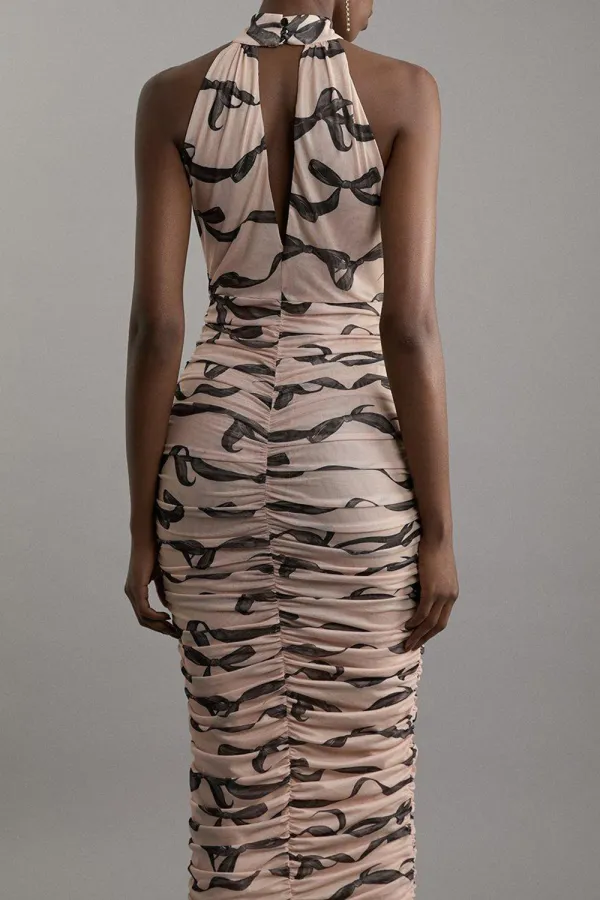 Black Bow Jersey Mesh Halter Ruched Midi Dress
