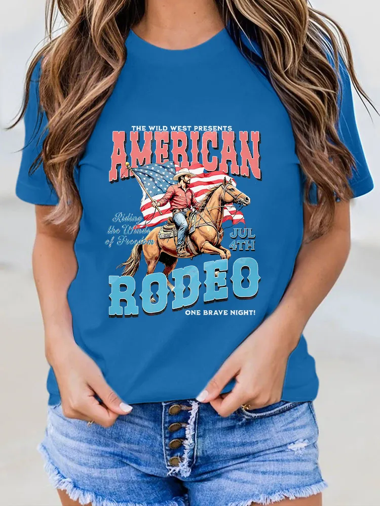 Woman'S American Robeo Round-Neck Short-Sleeved T-Shirt