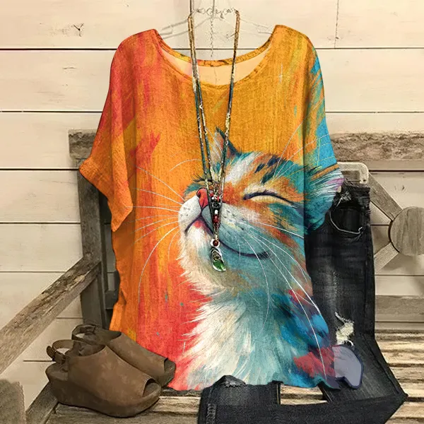 Women's Retro Oil Painting Pop Cat Round Collar T-shirt