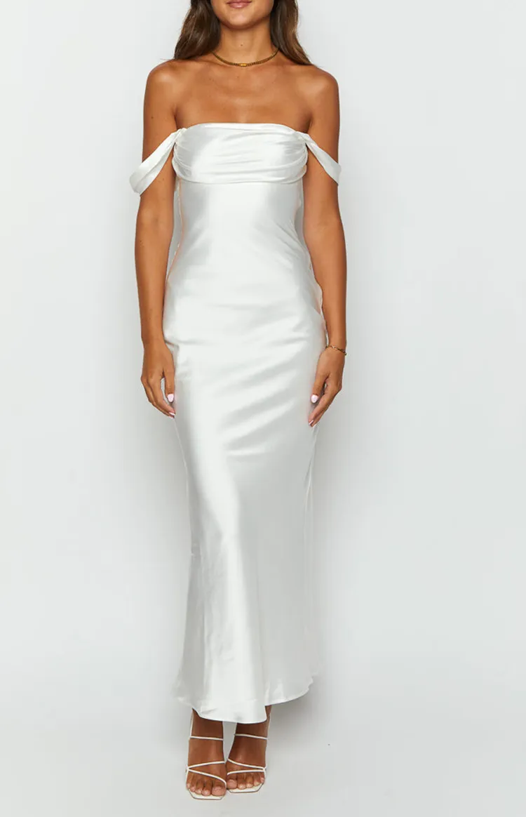 Off Shoulder White Satin Evening Gown Formal Dresses