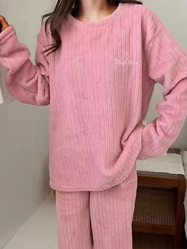 Women's Fleece Fluffy Fuzzy Warm Pajamas Sets Letter Plush Casual Comfort Home Daily Bed Coral Fleece Coral Velvet Warm Crew Neck Long Sleeve Pullover Pant Elastic Waist Fall Winter Light Pink White