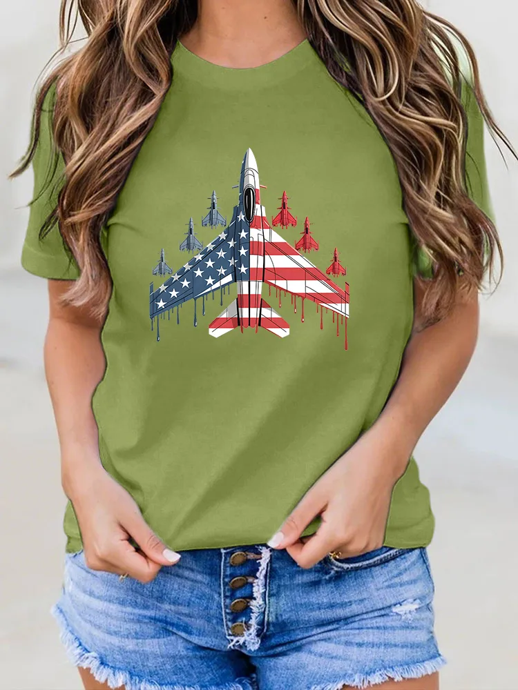 Woman'S Stars And Stripes Airplane Print Round-Neck Short-Sleeved T-Shirt