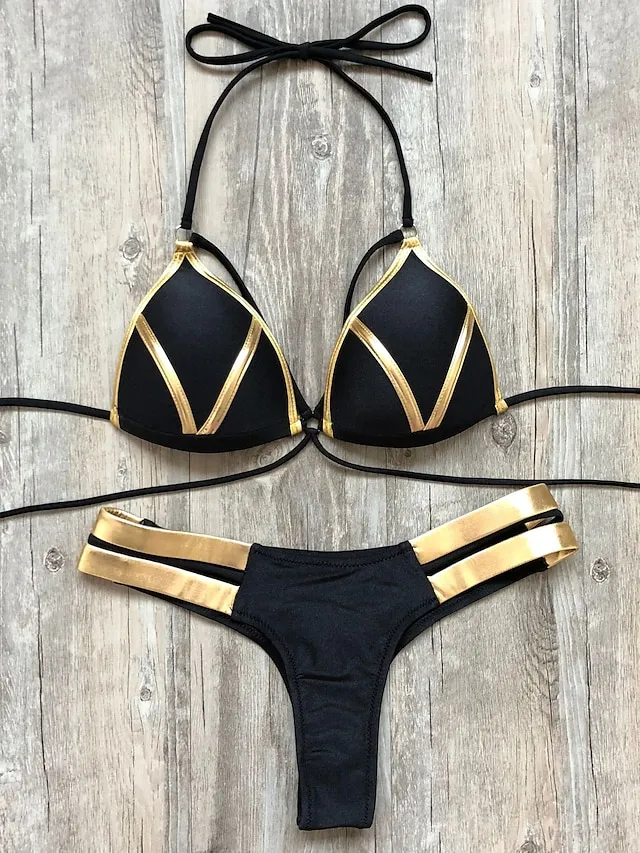 Women's Swimwear Bikini 2 Piece Normal Swimsuit Open Back Cut Out Sexy Leopard Color Block Leopard Print Black Pink Wine Dusty Rose Camisole Strap Bathing Suits New Vacation Sexy