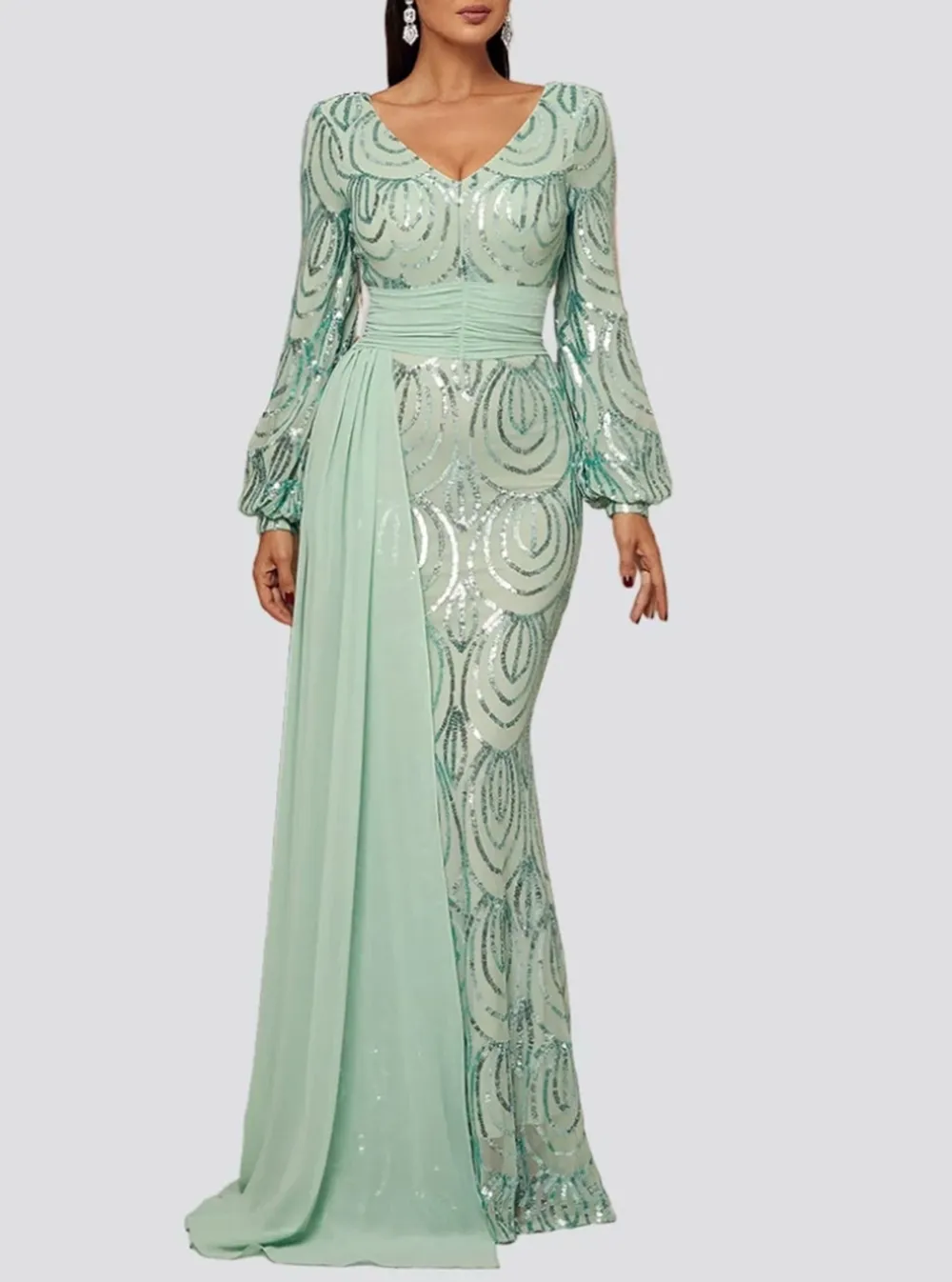 Formal Draping Sequin Long Sleeve Dress