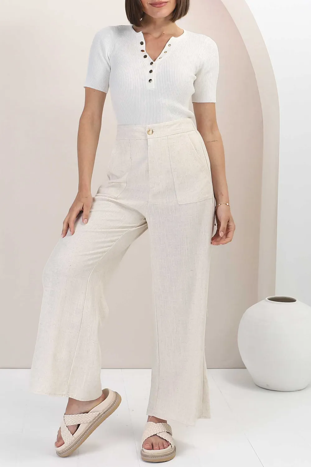 Beige High Waist Wide Leg Linen Pants