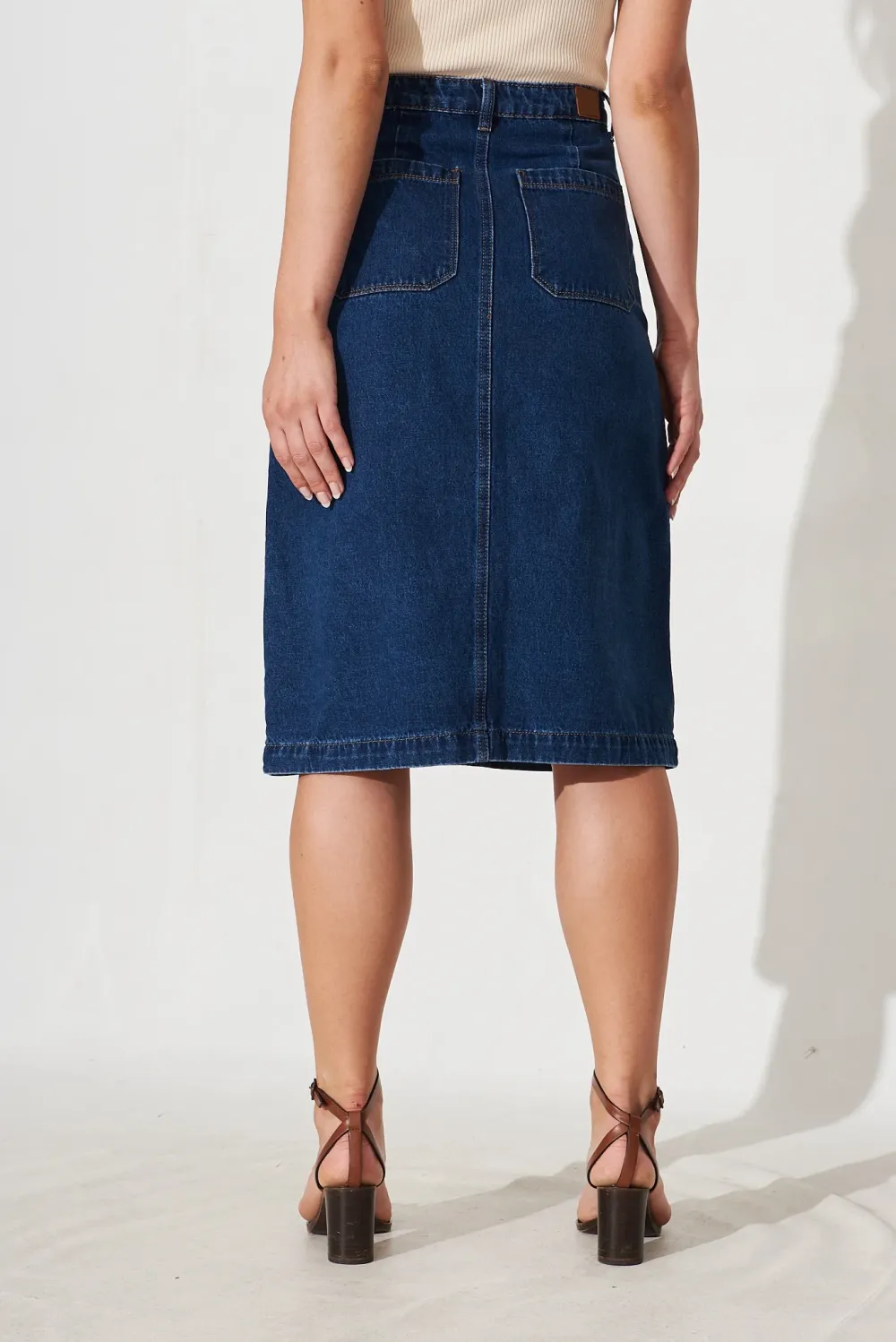 Blue Denim Button Front Midi Skirt