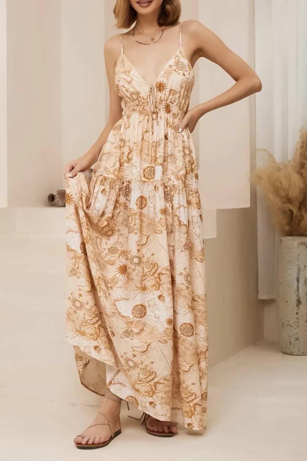 Light Khaki Floral Print Strapless Maxi Dress
