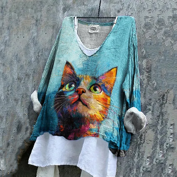 Women's Retro Oil Painting Pop Cat V-neck Shirt