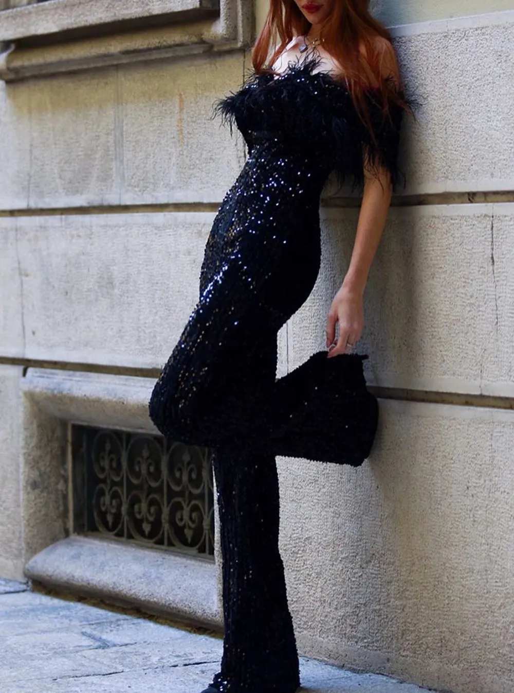 Off Shoulder Feather Jumpsuits