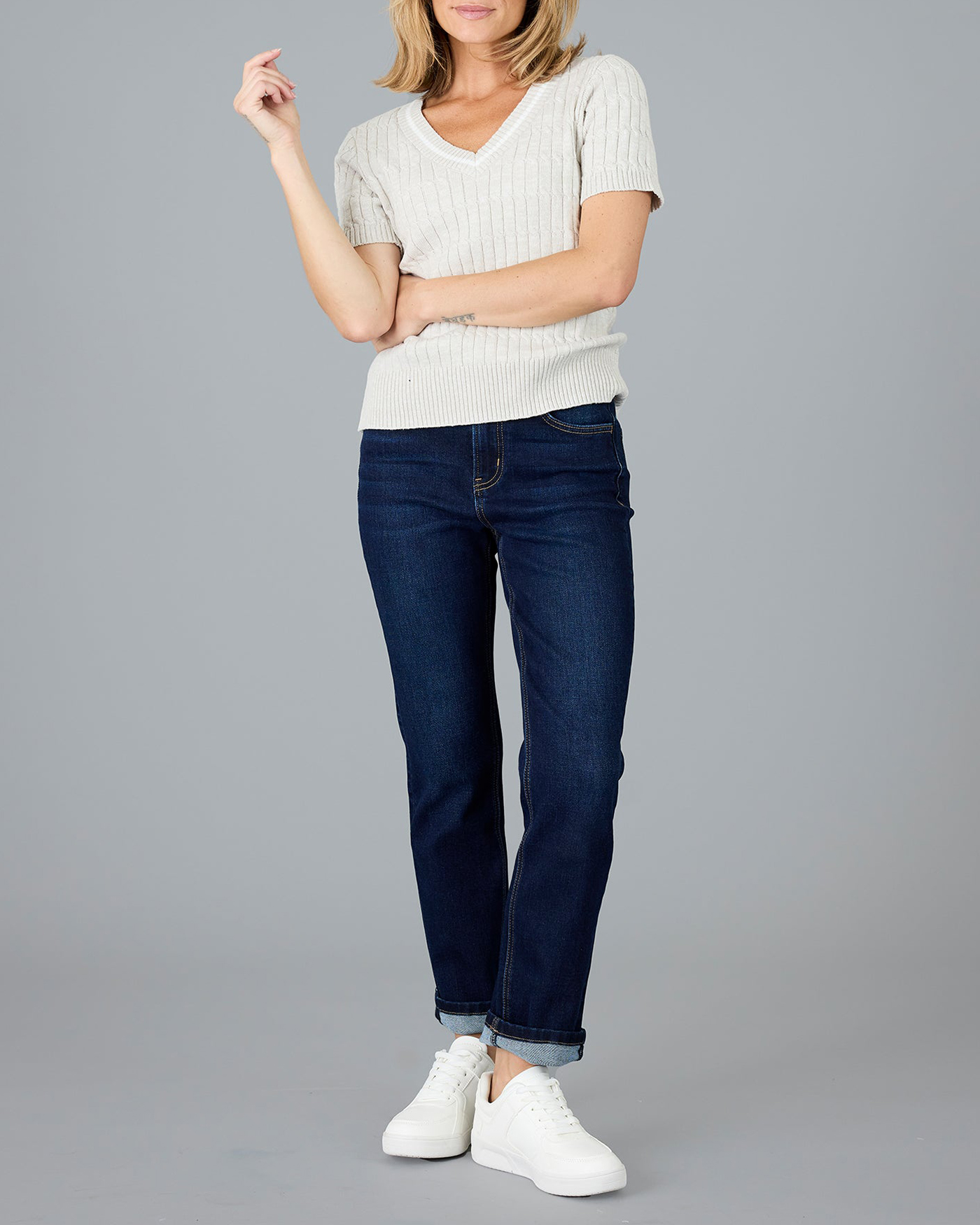 Cream V Neck Short Sleeve Knitted Top