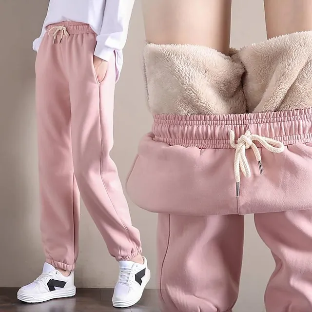 Women's Fleece Lined Sweatpants Joggers Black Pink Light Grey Solid Color Drawstring Daily Basic S Fall Winter