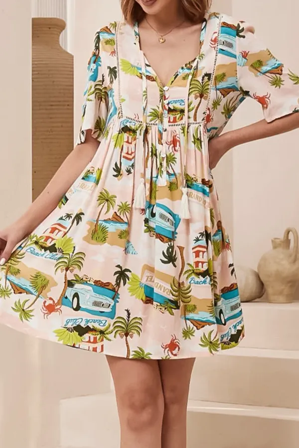 Light Colored Vacation Print Short Sleeve Dress