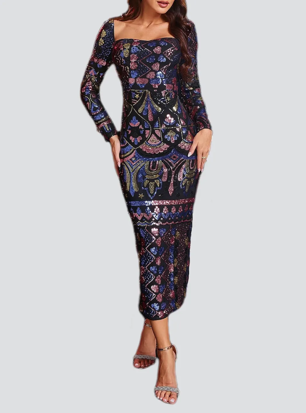 Square Neck Long Sleeve Split Sequin Dress