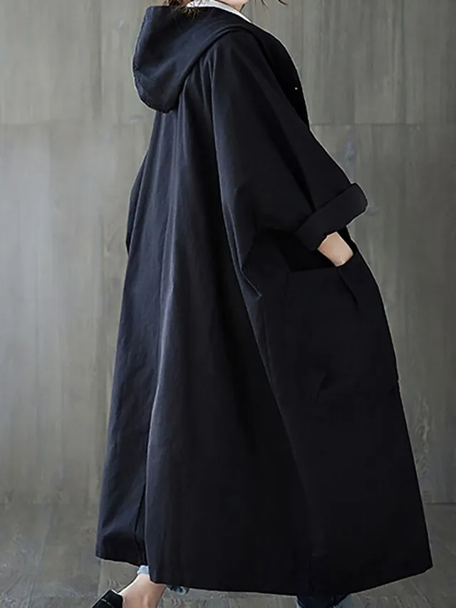 Women's Trench Coat Daily Fall Long Coat V Neck Regular Fit Warm Casual Jacket Long Sleeve Solid Color Quilted Black Khaki