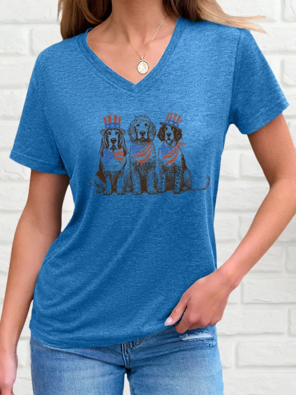 Woman'S Independence Day Puppy T-Shirt With V-Neck And Short Sleeves