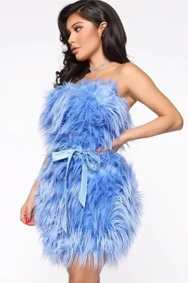 Faux Fur Mini Dress with Belt - Blue