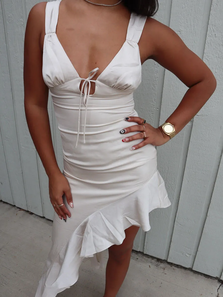 Cream Textured Strappy Tie Frill Hem Maxi Dress