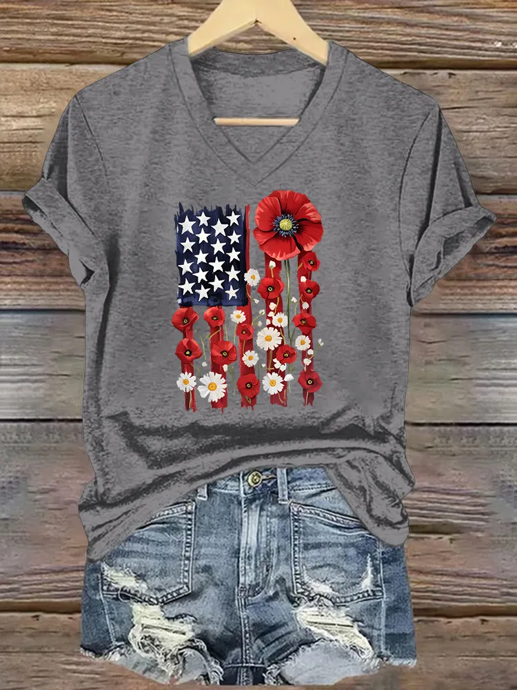 Woman'S Independence Day V-Neck And Short Sleeves T-shirt