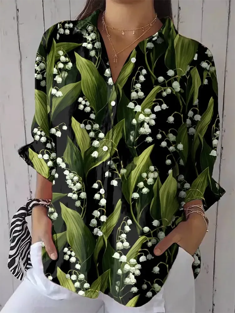 Women'S Casual Forest Lily Of The Valley Floral Print Shirt