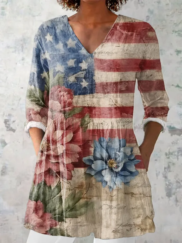 Women'S Stars And Stripes And Flower Prints V-Neck Long-Sleeved Shirt
