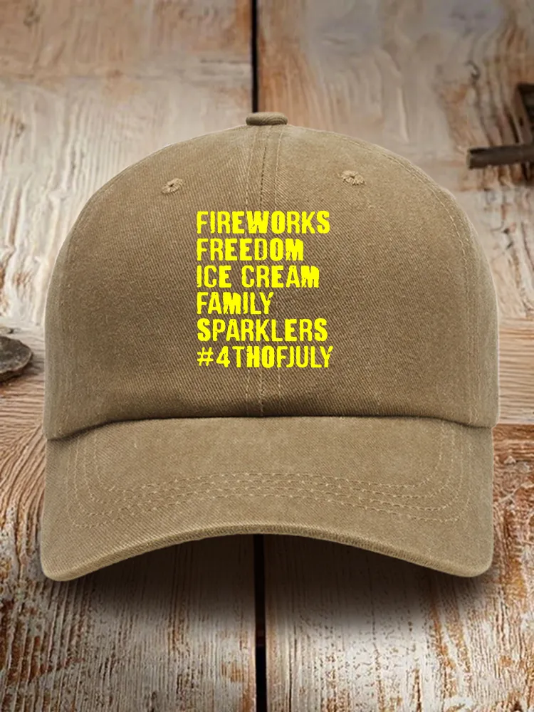 Fireworks Freedom Ice Cream Family Sparklers Print Washed Baseball Cap