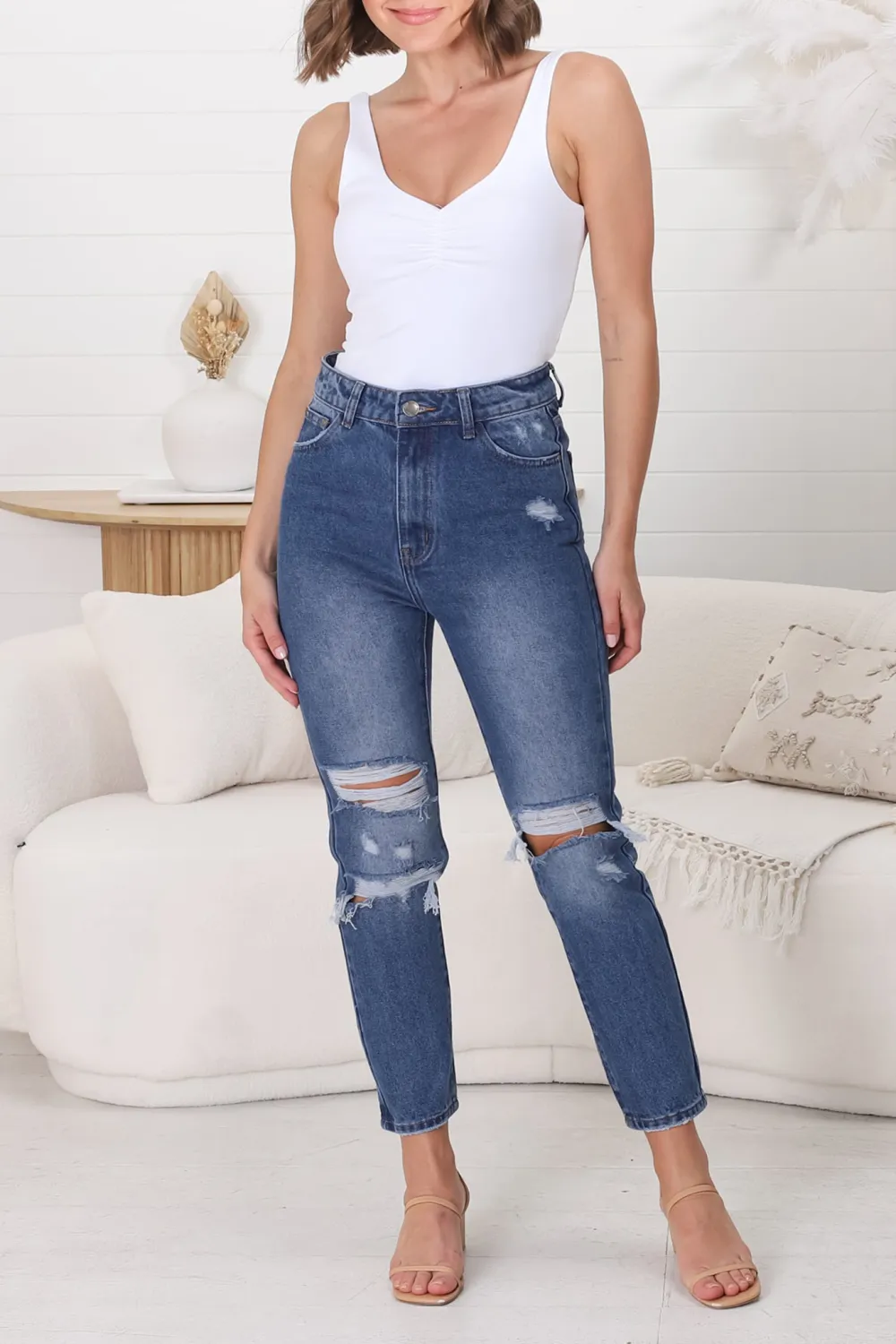Blue Distressed Knee Rip Skinny Jeans