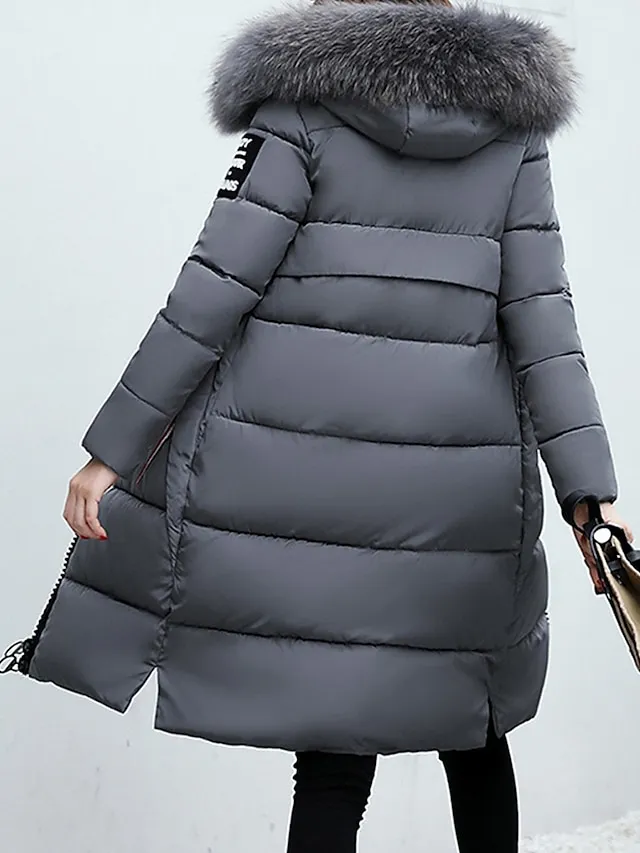 Women's Parka Long Puffer Jacket Winter Coat with Fur Collar Hood Thicken Windproof Warm Jacket Zip up Coat with Pockets Comtemporary Stylish Casual Jacket Long Sleeve Black Pink Army Green