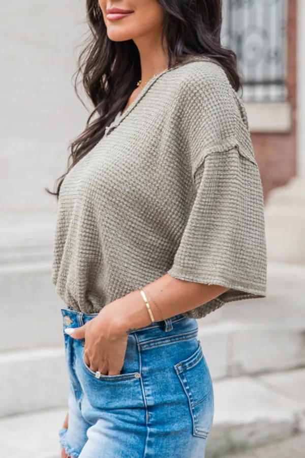Olive Waffle Knit V-Neck Bodysuit