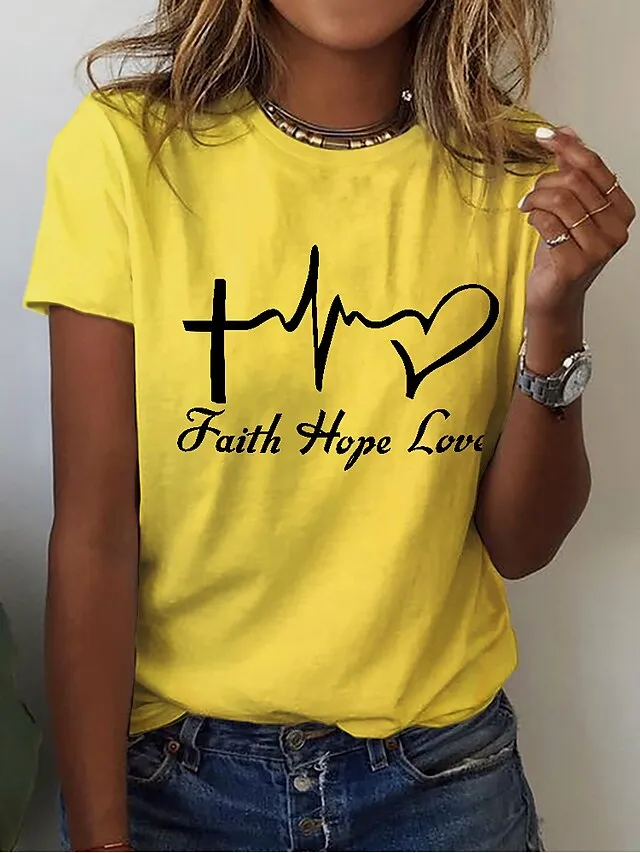 Women's T shirt Tee Cotton 100% Cotton White Yellow Pink Heart Letter Print Short Sleeve Casual Weekend Basic Round Neck Regular Fit Painting