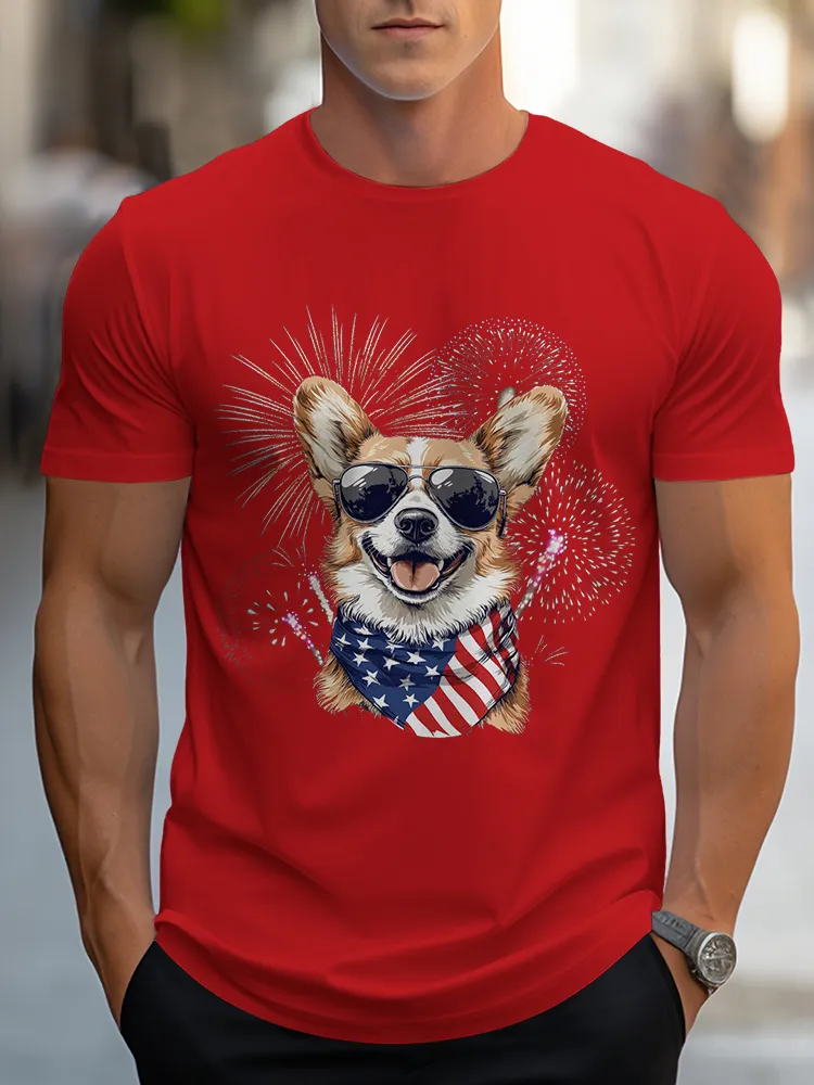Man'S Puppy Fireworks Round-Neck Short-Sleeved T-Shirt