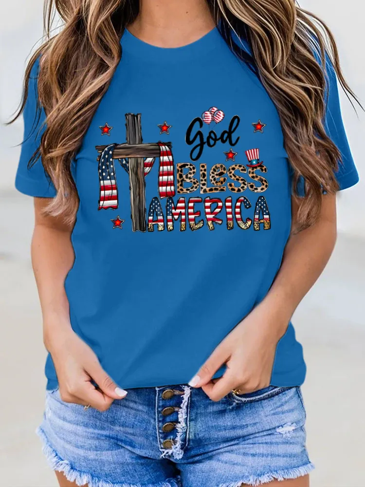 God Bless America Print Round-Neck Short-Sleeved T-Shirt