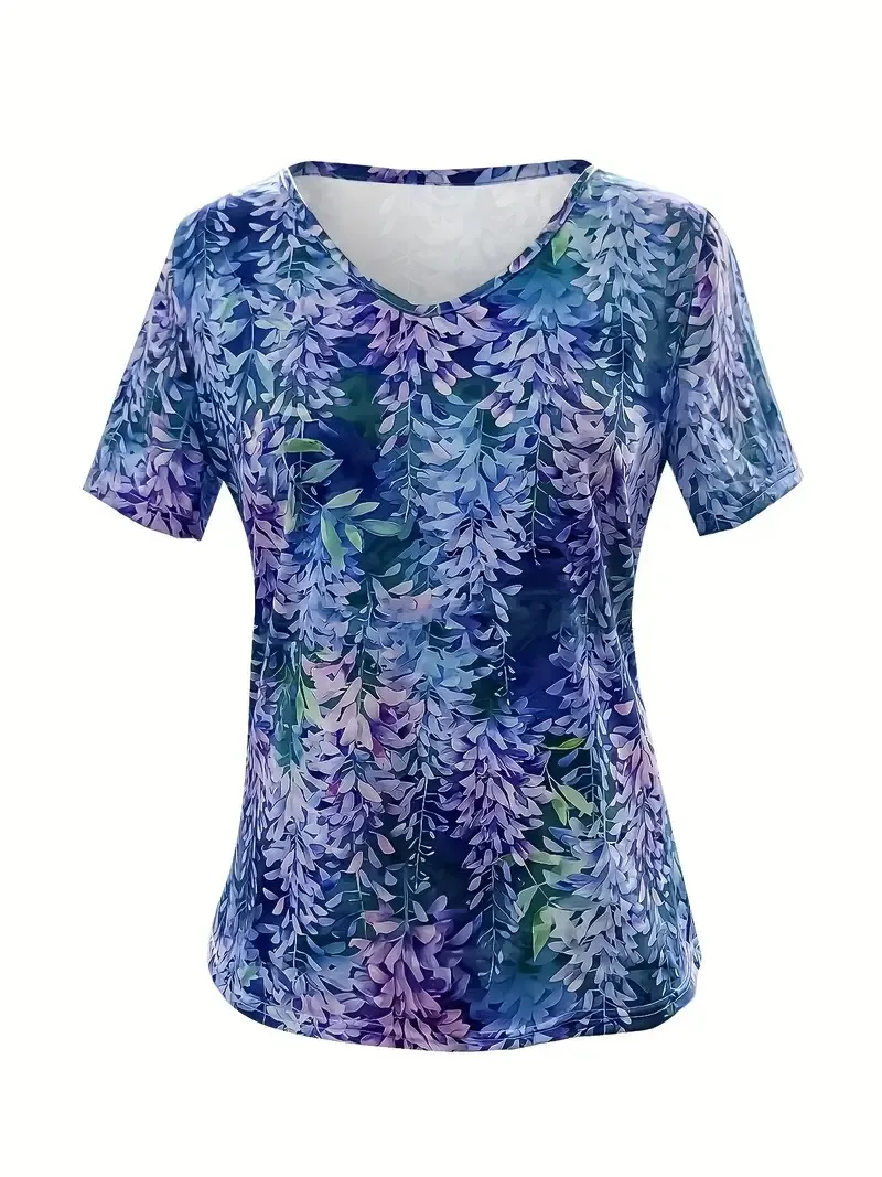 Women's Casual Purple Floral Print V-Neck Short Sleeve T-Shirt